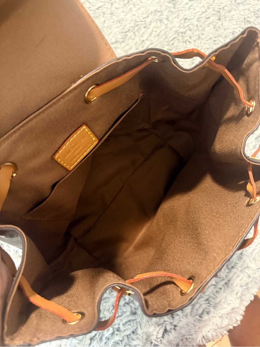 Brown Monogram Drawstring Backpack with Tan Trim - Picture 7 of 11